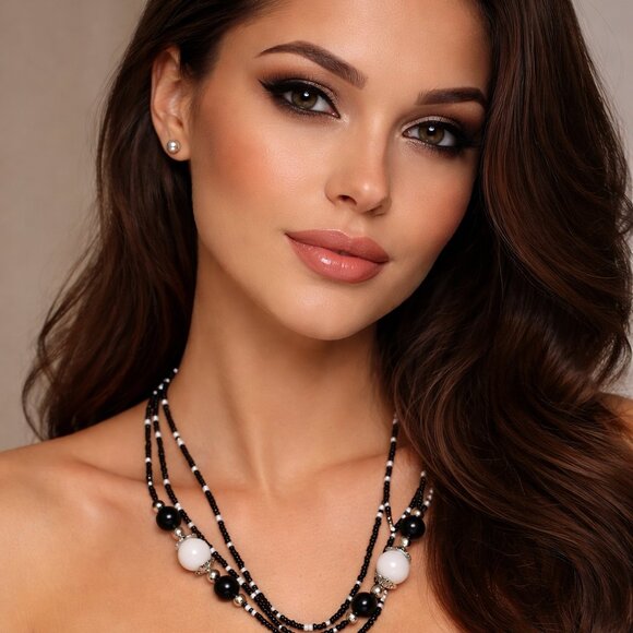 Bold Black & White Layered Bead Necklace - Picture 4 of 5